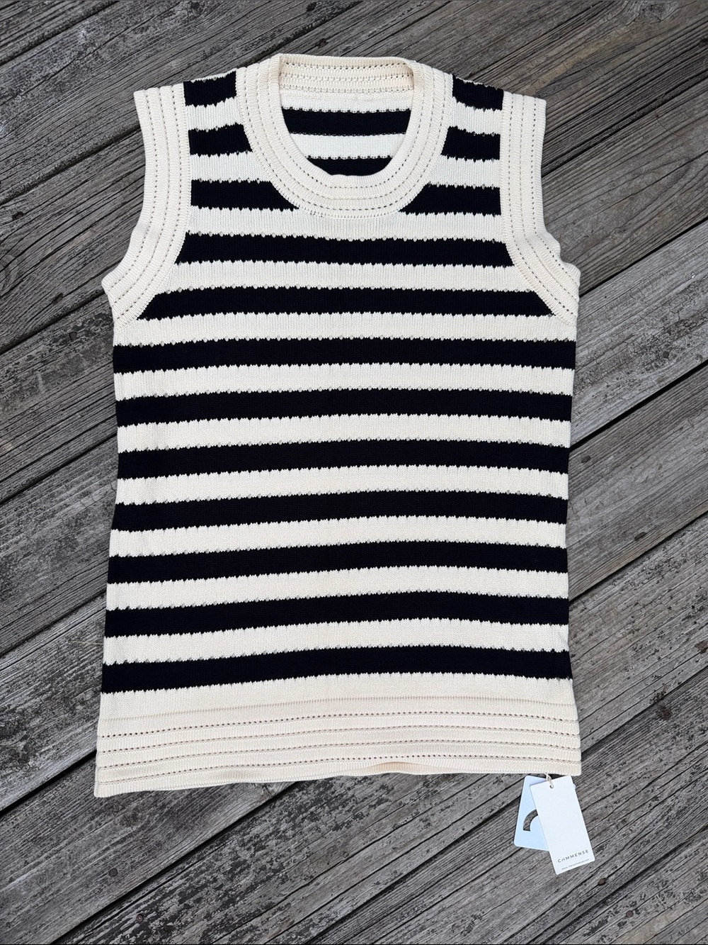 Commense Eyelet Stripe Knit Black and Cream Tank Dress Medium NWT